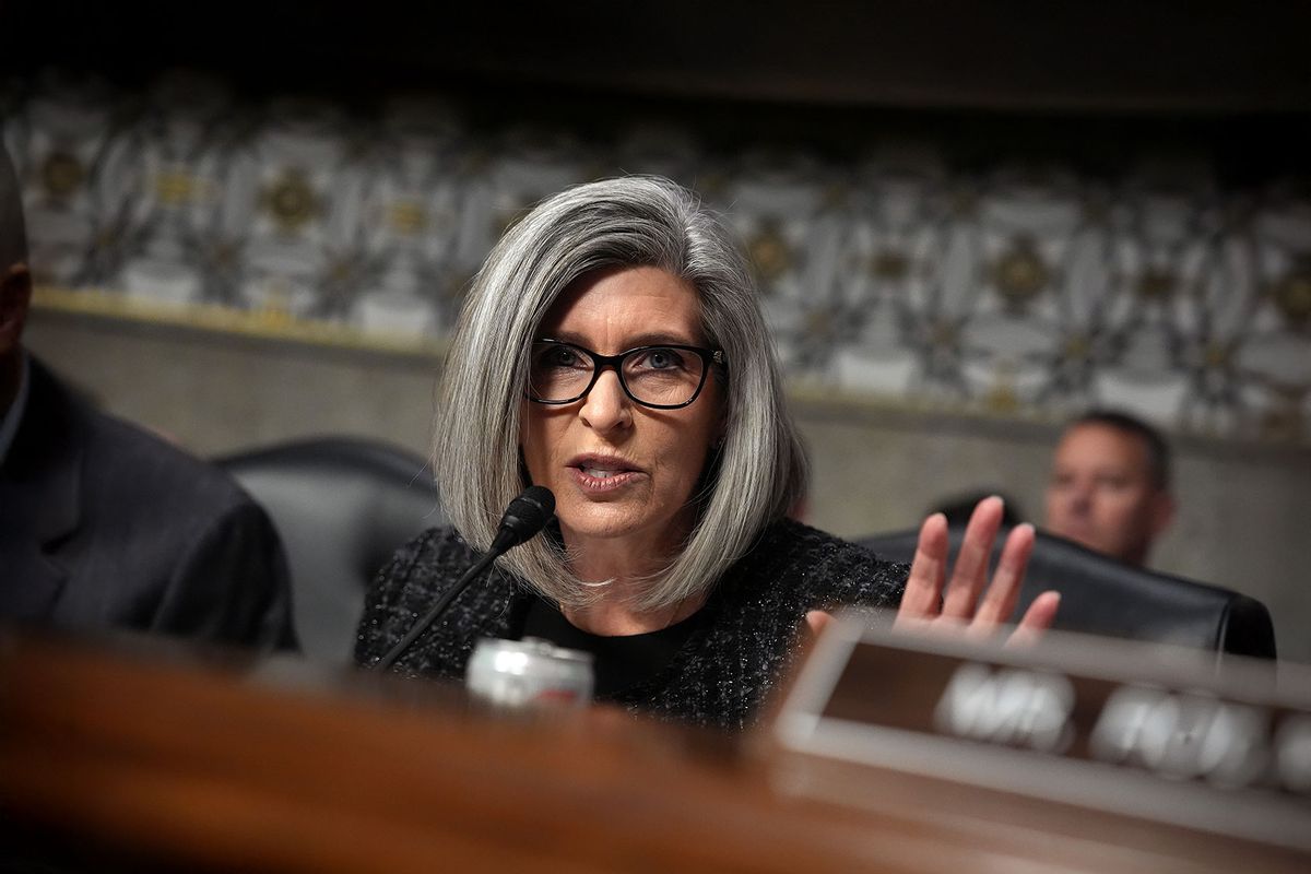 U.S. Sen. Joni Ernst (R-IA) questions U.S. President-elect Donald Trump's nominee for Secretary of Defense Pete Hegseth during his Senate Armed Services confirmation hearing on Capitol Hill on January 14, 2025 in Washington, DC. (Andrew Harnik/Getty Images)