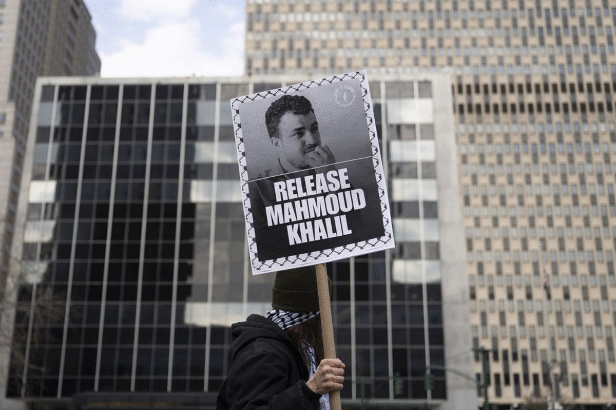 Demonstrators gather outside United States Federal Court House in New York City to show support for pro-Palestinian activist Mahmoud Khalil and demand his immediate release from ICE detention. New York, U.S., March 12, 2025. (Mostafa Bassim/Anadolu via Getty Images)