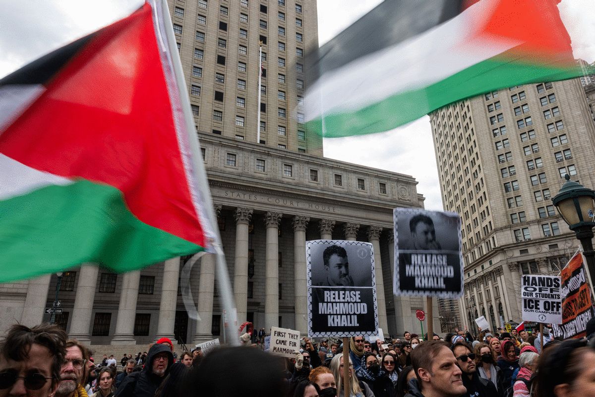 Hundreds turn out outside of a New York court to protest the arrest and detention of Mahmoud Khalil, a green card holder and recent Columbia graduate who played a role in pro-Palestinian protests at the university on March 12, 2025 in New York City. (Spencer Platt/Getty Images)