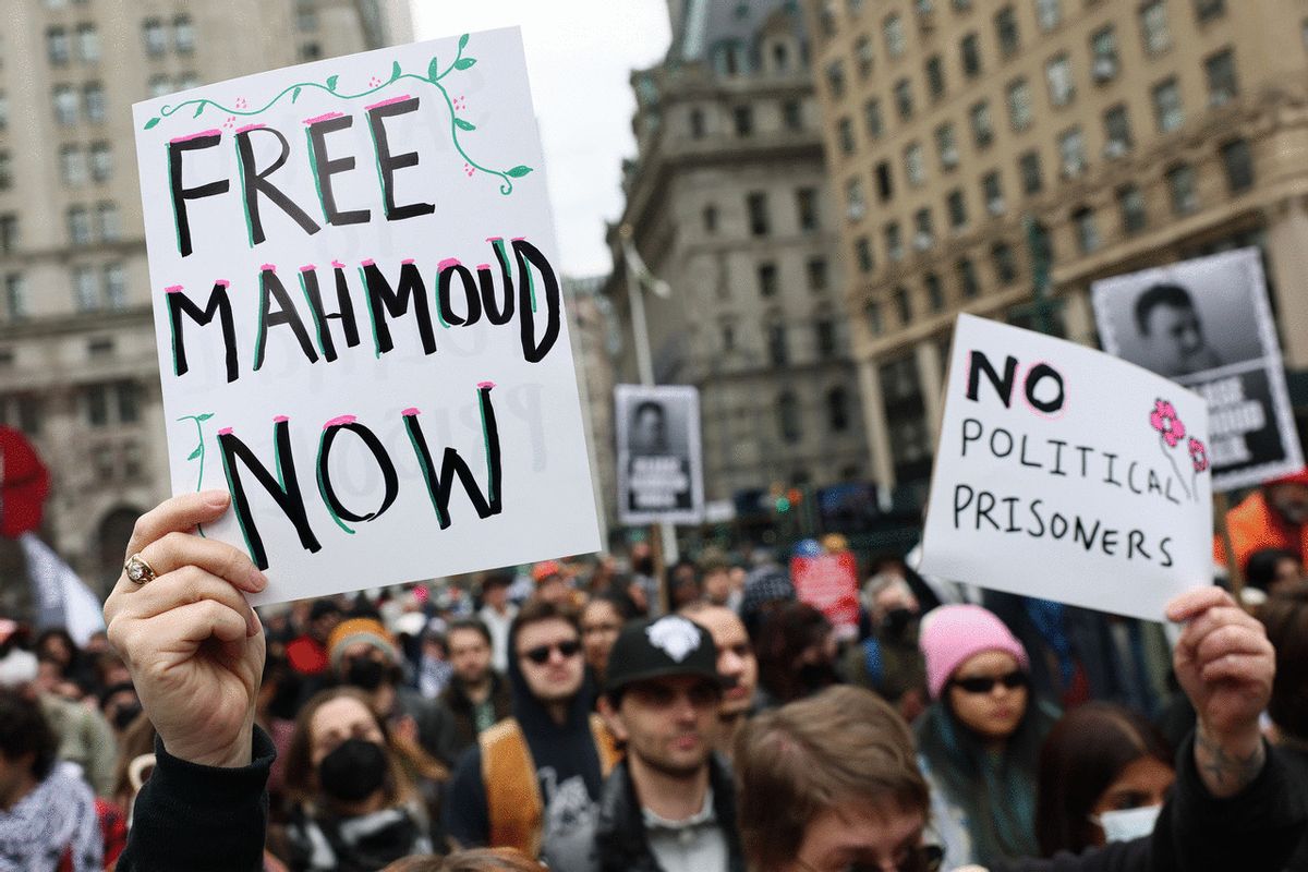 People gather outside of a New York court to protest the arrest and detention of Mahmoud Khalil at Foley Square on March 12, 2025 in New York City. (Michael M. Santiago/Getty Images)