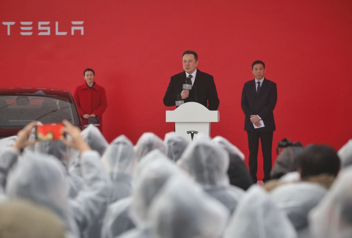 Tesla boss Elon Musk speaks during the ground-breaking ceremony for a Tesla factory in Shanghai on January 7, 2019. (STR/AFP via Getty Images)