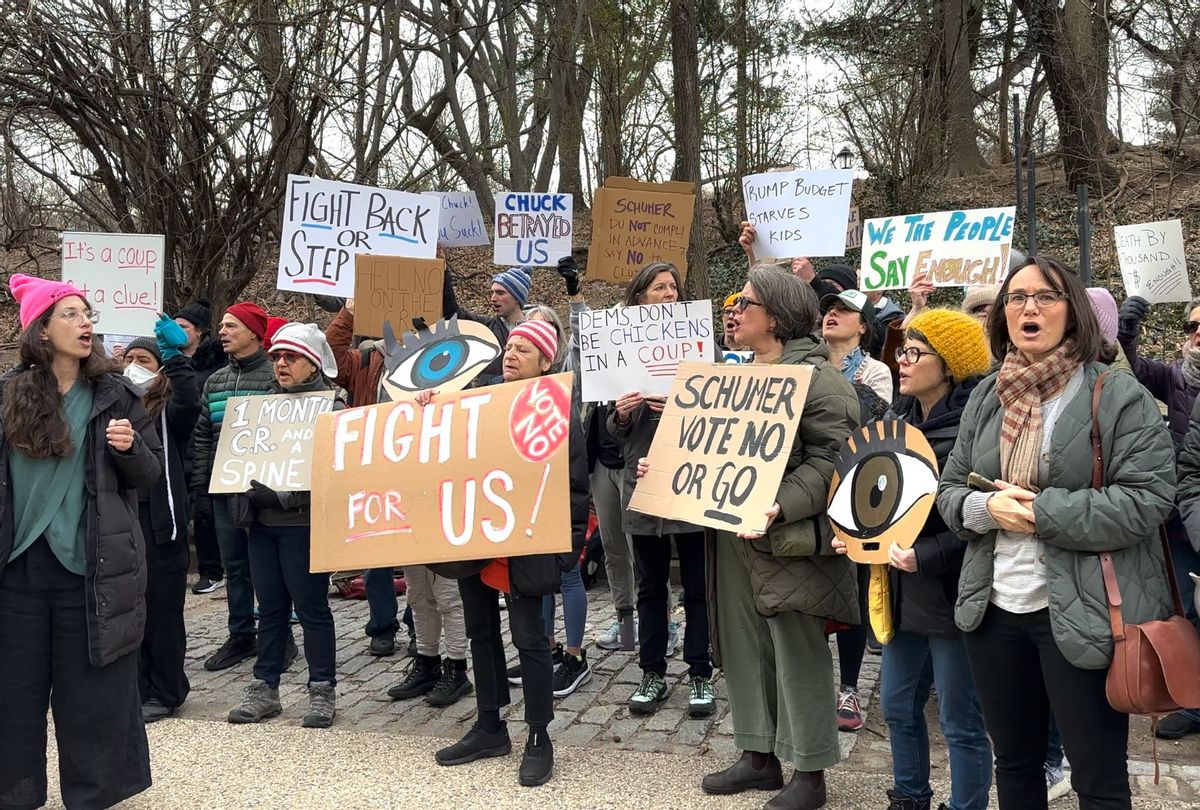 Hundreds of people gathered in Brooklyn, New York, to protest Sen. Chuck Schumer, D-N.Y., on March 14, 2025. (Griffin Eckstein/Salon)