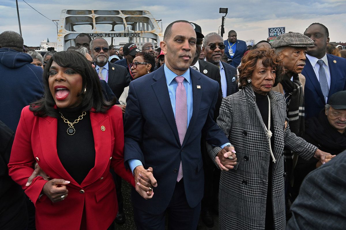 U.S. Rep. Terri Sewell, Minority leader U.S. Rep. Hakeem Jeffries, U.S. Rep. Maxine Waters and civil rights leaders Al Sharpton and Jesse Jackson lead marchers during the Bloody Sunday 60th anniversary march at Edmund Pettus Bridge in Selma, Alabama on Sunday, March 09, 2025. (Michael S. Williamson/The Washington Post via Getty Images)