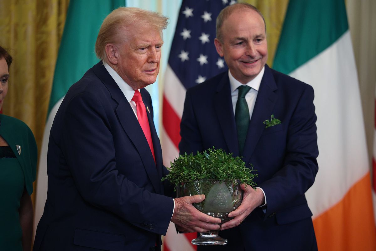 Irish Taoiseach Micheál Martin presents President Trump with a bowl of clover during a St. Patrick’s Day event in the East Room of the White House, March 12, 2025. (Kayla Bartkowski/Getty Images)