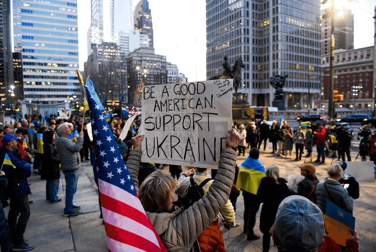 People gather during a rally in support of Ukraine near Philadelphia City Hall, ahead of US President Donald Trump's address to a joint session of Congress, in Philadelphia, Pennsylvania, on March 4, 2025. (MATTHEW HATCHER/AFP via Getty Images)