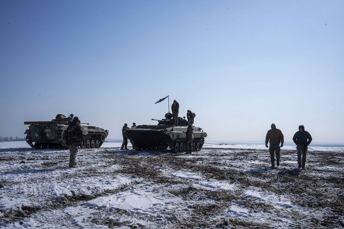 Ukrainian soldiers of the 93rd Brigade conduct training exercises with an American-made International M1224 MaxxPro MRAP (Mine-Resistant Ambush Protected) vehicle and two Soviet-era BMP-2 infantry fighting vehicles in Donetsk Oblast on February 27, 2025. (Jose Colon/Anadolu via Getty Images)