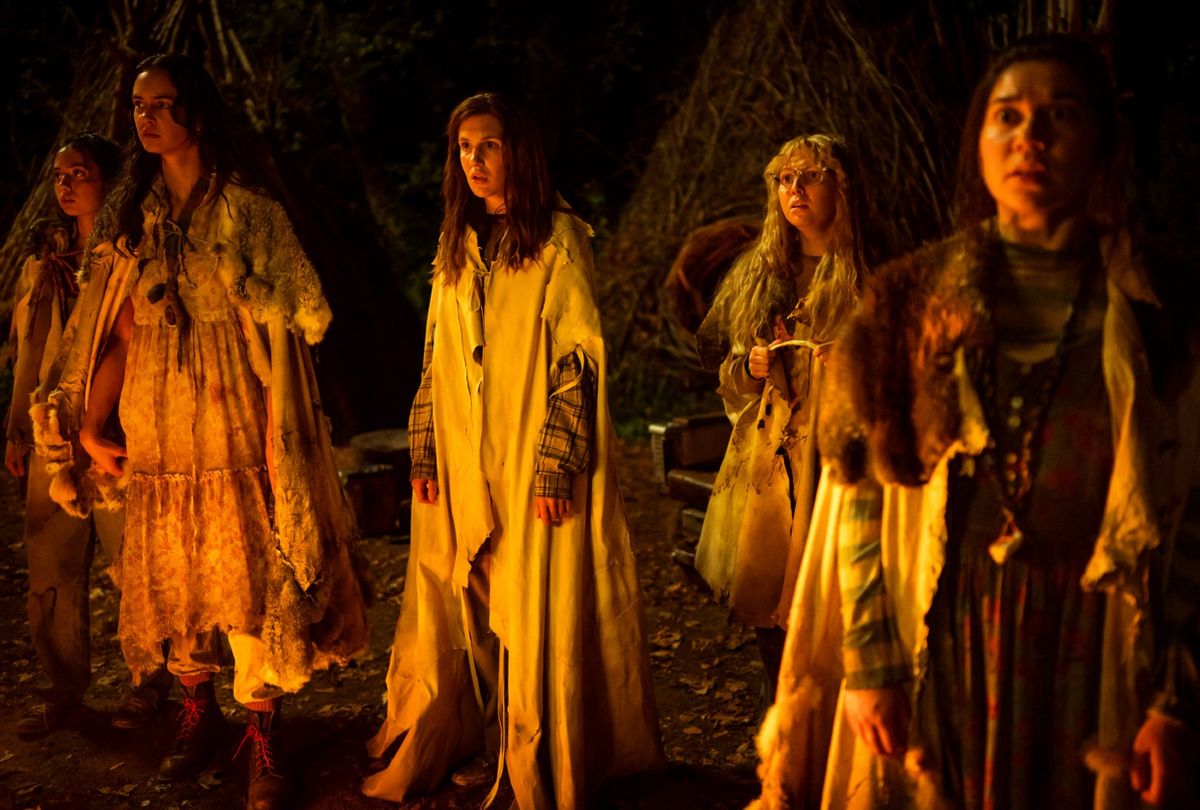 L-R: Anisa Harris as Teen Robin, Courtney Eaton as Teen Lottie, Sophie Nélisse as Teen Shauna, Samantha Hanratty as Teen Misty and Vanessa Prasad as Teen Gen in "Yellowjackets" (Kailey Schwerman/Paramount+ with Showtime)