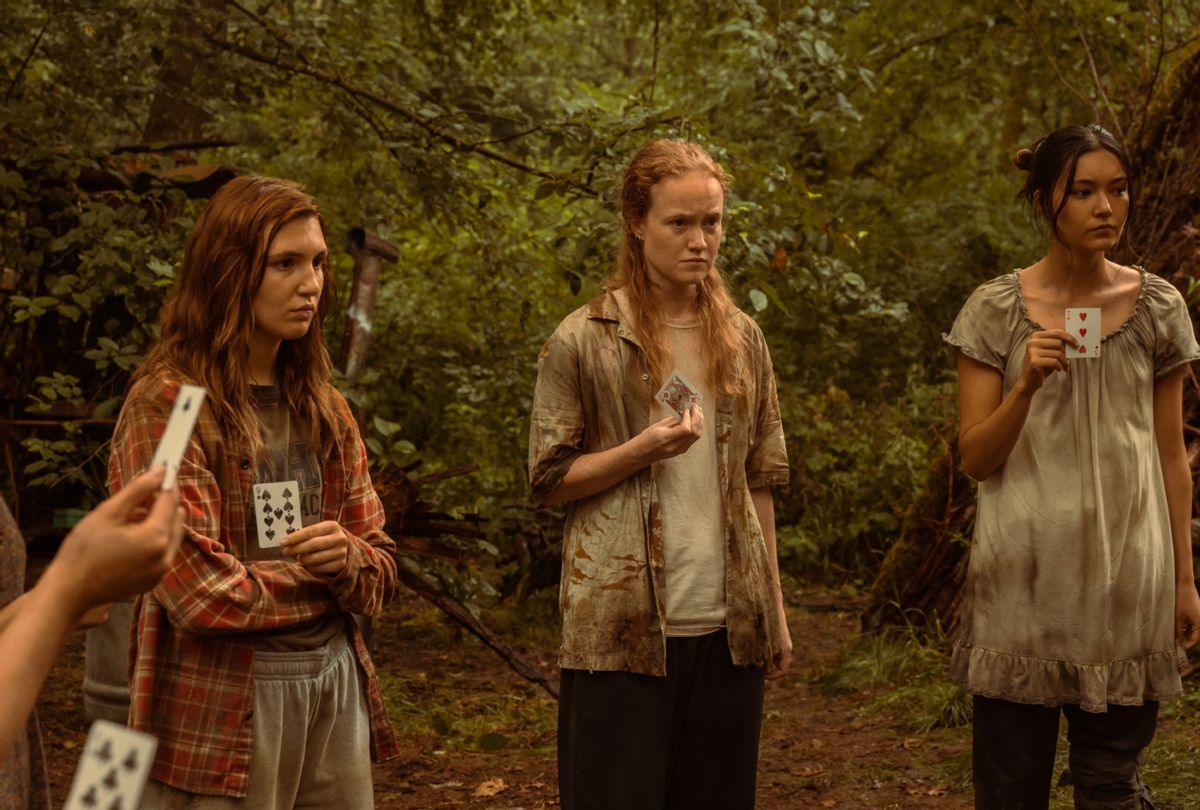 L-R: Sophie Nélisse as Teen Shauna, Liv Hewson as Teen Van and Alexa Barajas as Teen Mari in "Yellowjackets." (Kailey Schwerman/Paramount+ with SHOWTIME)