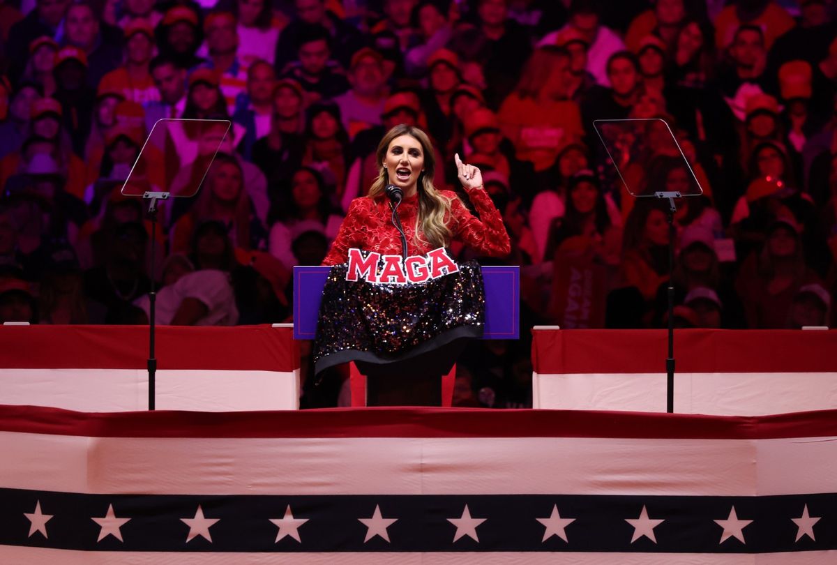 Alina Habba, then-senior advisor to President Donald J. Trump, places a MAGA jacket on the podium as she speaks at a campaign rally at Madison Square Garden on October 27, 2024 in New York City. (Michael M. Santiago/Getty Images)