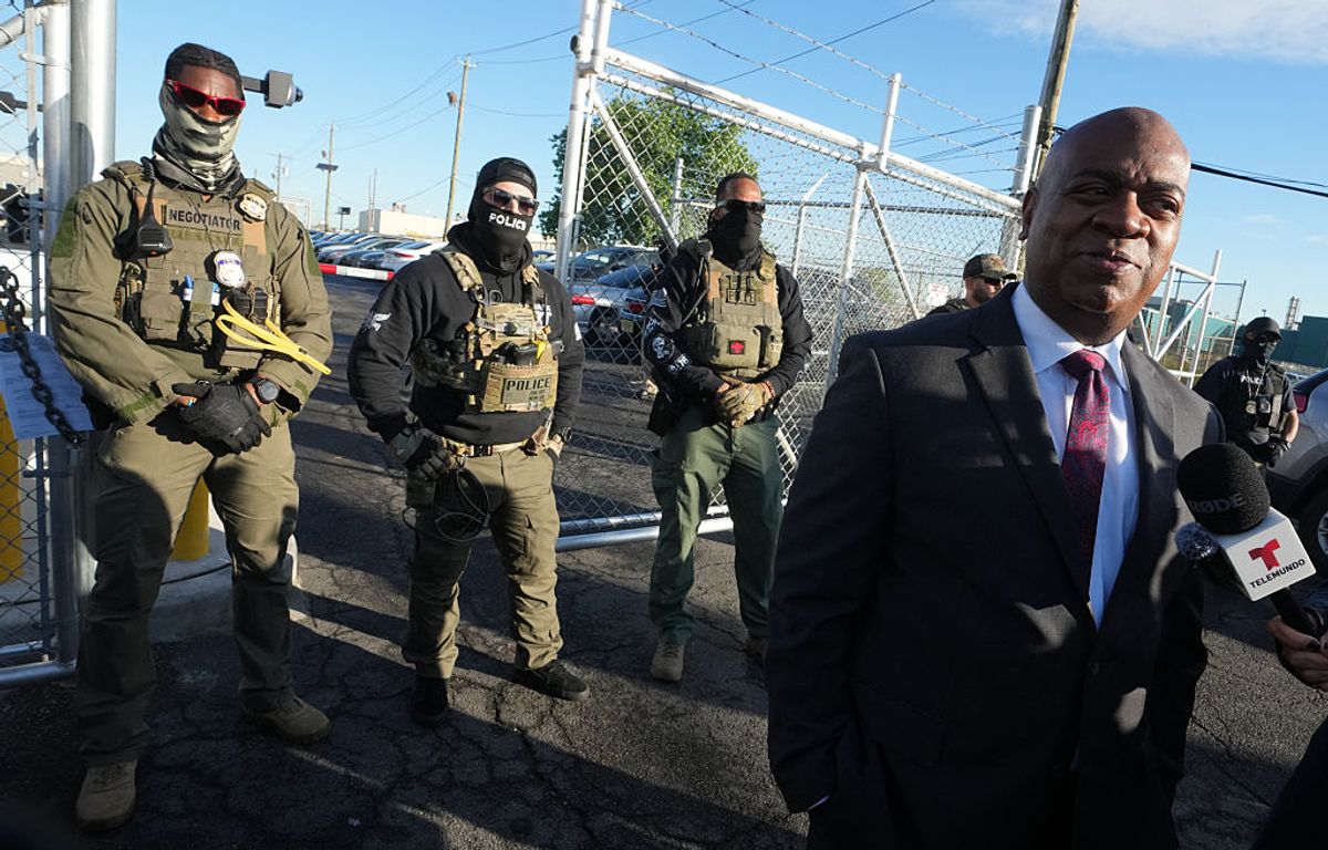 Mayor Ras Baraka of Newark speaks to the press near ICE agents at a demonstration outside an immigrant detention centre in Elizabeth, New Jersey May 7, 2025.  (Getty Images/Timothy A. Clary)