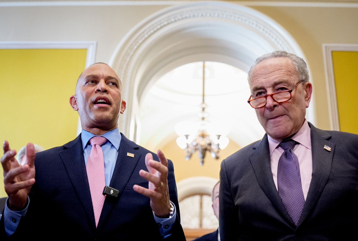 House Minority Leader Hakeem Jeffries, D-NY, accompanied by Senate Minority Leader Chuck Schumer, D-NY, speak at the U.S. Capitol on April 8, 2025 in Washington, DC. (Andrew Harnik/Getty Images)