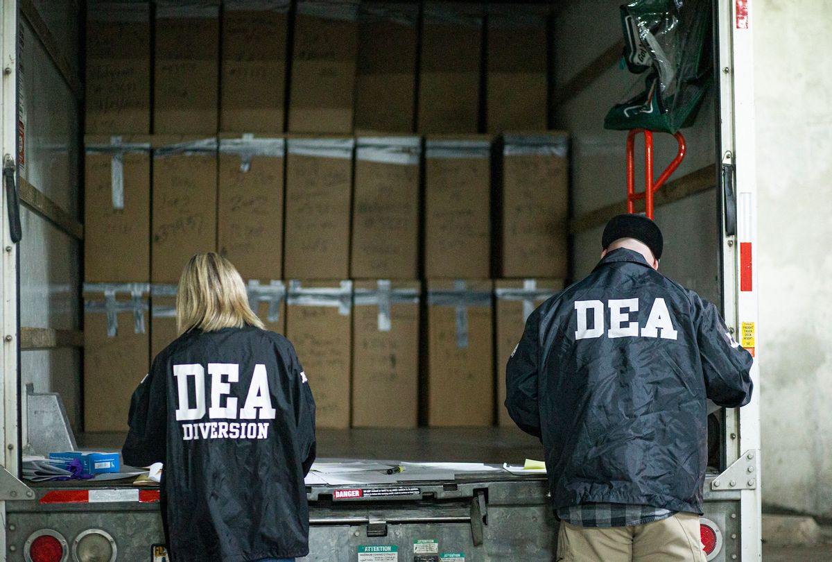 Members of the DEA in White Plains, New York on April 24, 2021.  (KENA BETANCUR/AFP via Getty Images)