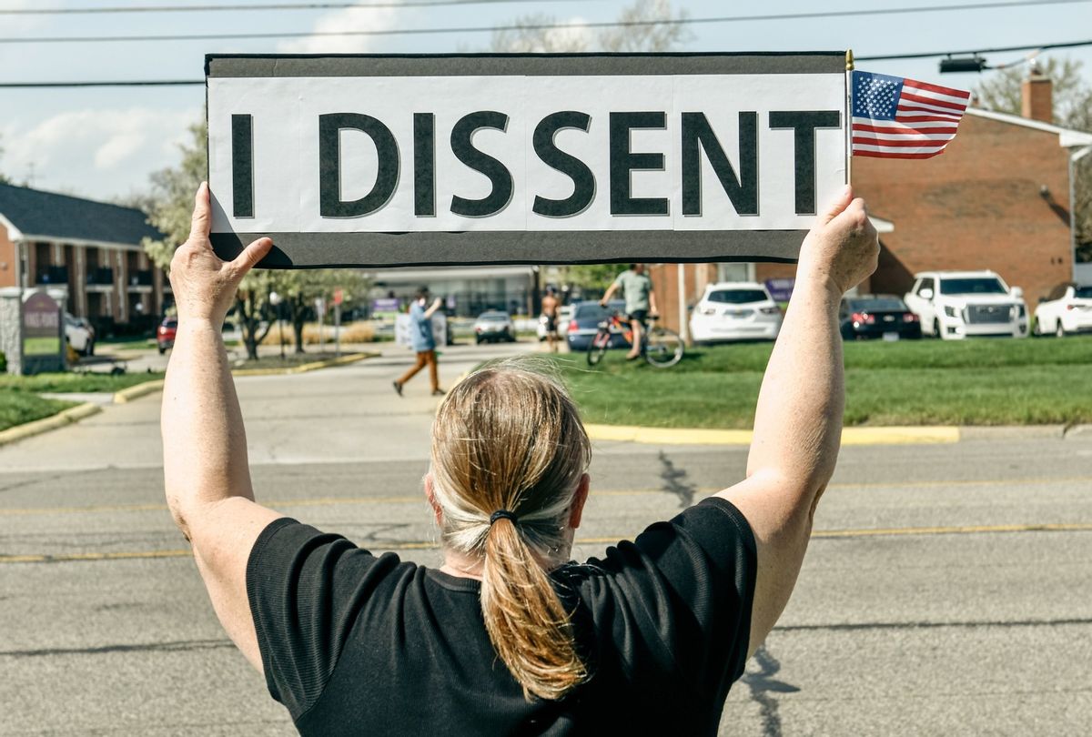 A protestor holds up a sign saying "I Dissent" alongside approximately 3,000 other protestors showing their displeasure for President Trump's policies outside of Macomb Community College in Warren, Michigan on April 29, 2025. (Adam J. Dewey/Anadolu via Getty Images)