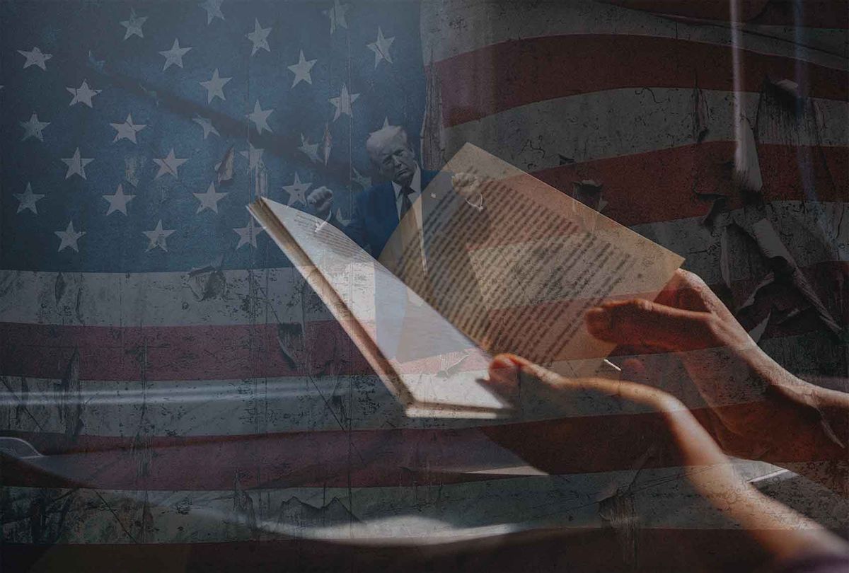 A person reading a novel with a tattered American flag and President Donald Trump displayed in the background (Photo Illustration by Salon / Getty Images / FreshSplash / Rebecca Noble / imagedepotpro)