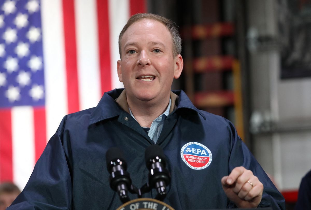 EPA Administrator Lee Zeldin speaks as US Vice President JD Vance visits the East Palestine Fire Department in East Palestine, Ohio, on February 3, 2025.  (REBECCA DROKE/POOL/AFP via Getty Images)