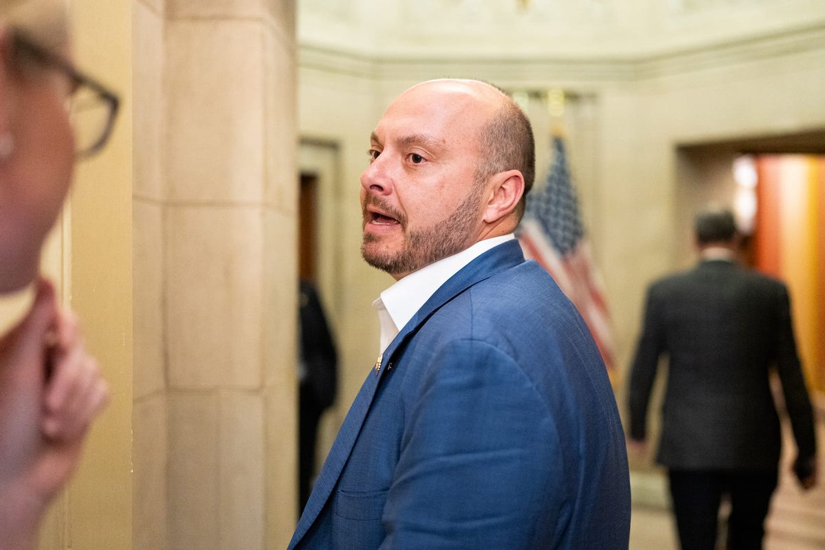Rep. Andrew Garbarino, R-N.Y., arrives for the meeting in Speaker Johnson's office with Republican House members on the reconciliation package on Thursday, May 15, 2025.  (Bill Clark/Getty Images)