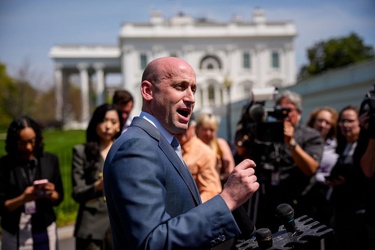 White House deputy chief of staff Stephen Miller speaks to reporters outside the White House, April 18, 2025. (Andrew Harnik/Getty Images)