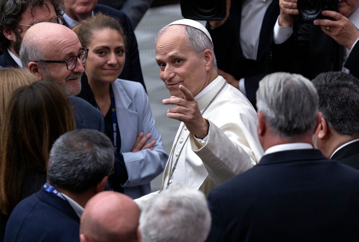 Pope Leo XIV meets media representatives in the Paul VI Hall at the Vatican on May 12, 2025. (Maria Grazia Picciarella/SOPA Images/LightRocket via Getty Images)