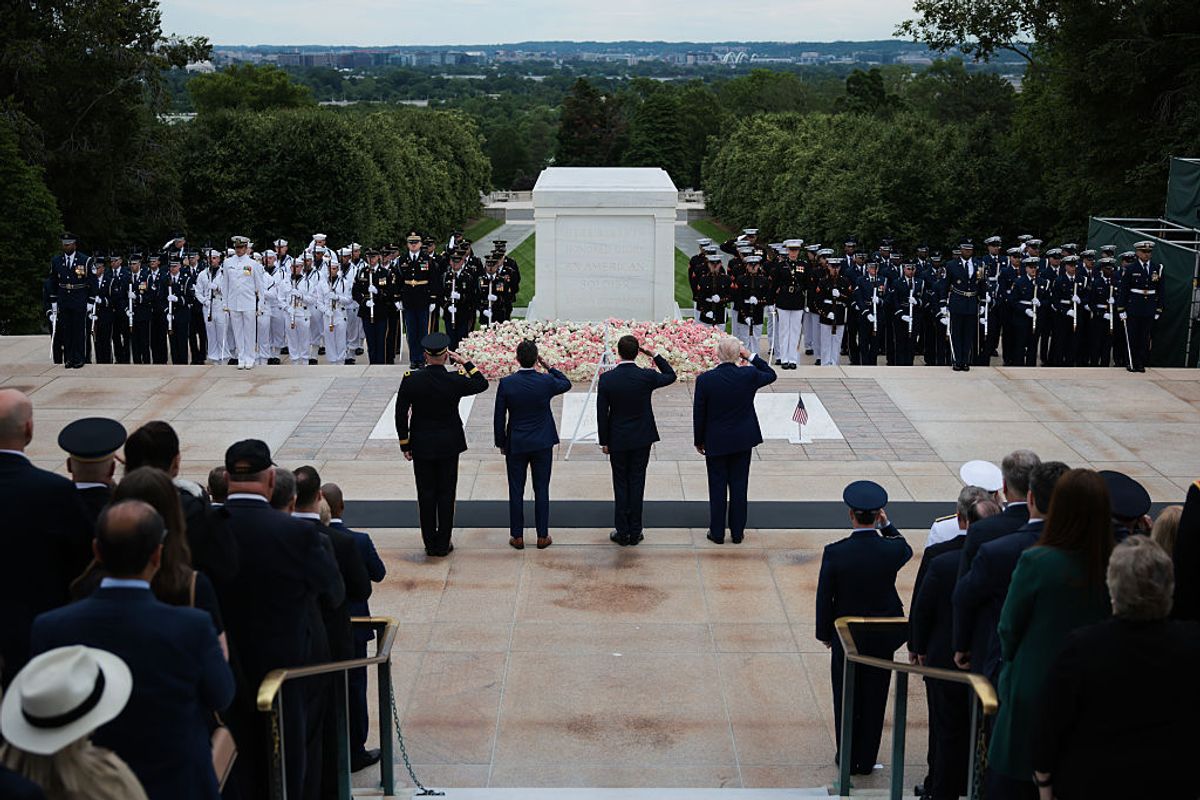 On May 26, 2025, President Trump honors Memorial Day at Arlington National Cemetery just hours after posting an all-caps rant on Truth Social. (Kayla Bartkowski/Getty Images)
