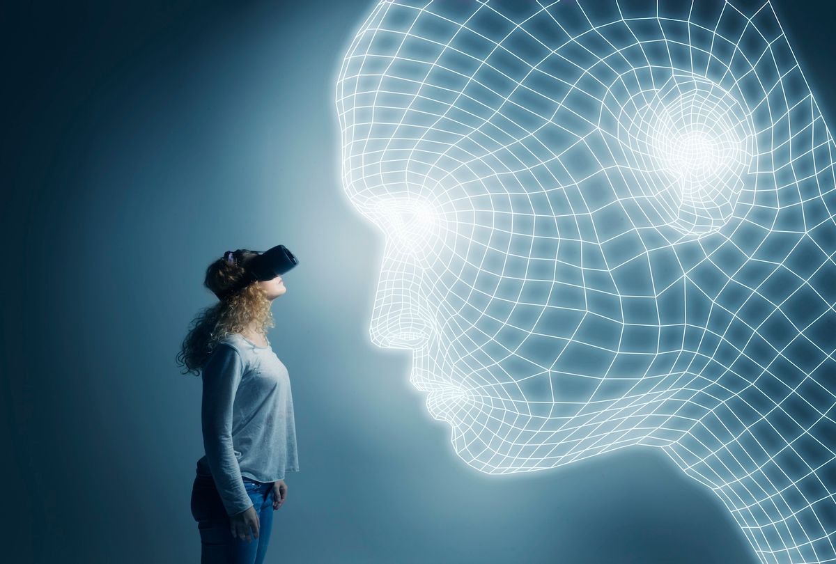 Young woman next to lighttrace face, wearing VR glasses, looking closely at the lightrace rendering. (Getty Images / Henrik Sorensen)