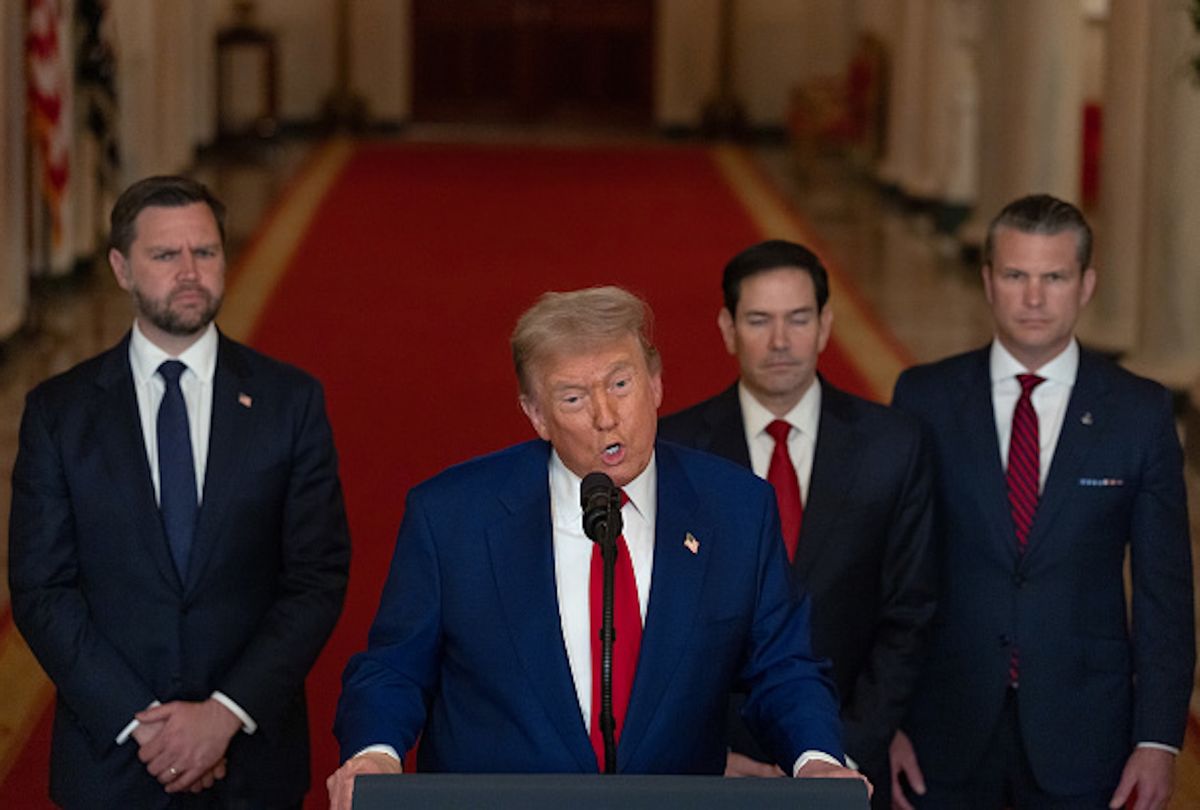 U.S. President Donald Trump delivers an address to the nation accompanied by U.S. Vice President JD Vance, U.S. Secretary of State Marco Rubio and U.S. Defense Secretary Pete Hegseth from the White House on June 21, 2025 in Washington, D.C. President Trump addressed the three Iranian nuclear facilities that were struck by the U.S. military early Sunday.  (Carlos Barria - Pool/Getty Images)