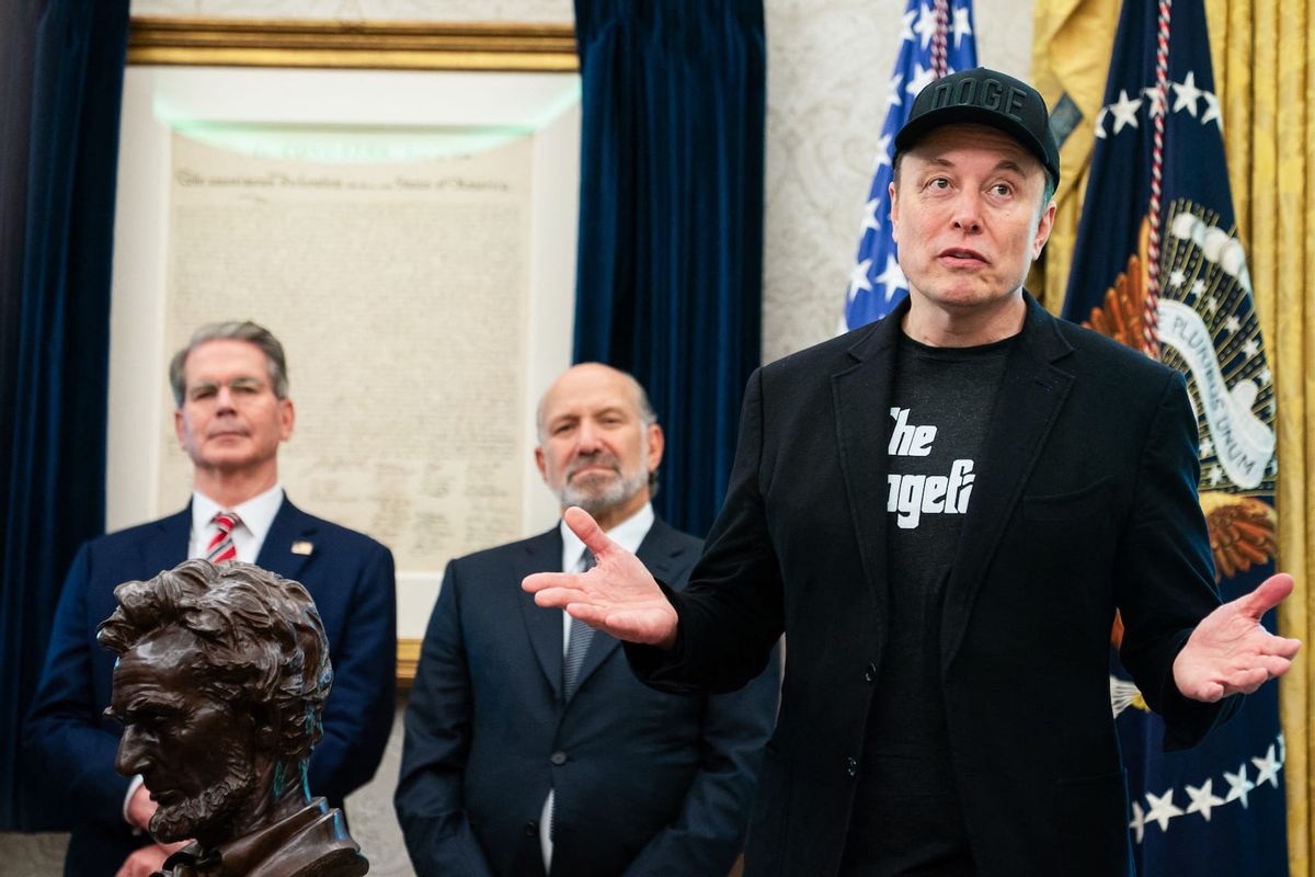 Scott Bessent, Howard Lutnick and Elon Musk in the White House. (Allison Robbert/Getty Images)
