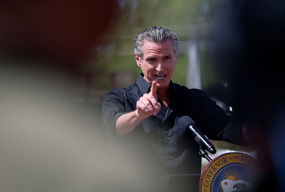 California Governor Gavin Newsom speaks during a news conference at Gemperle Orchard on April 16, 2025 in Ceres, California. ( Justin Sullivan/Getty Images)