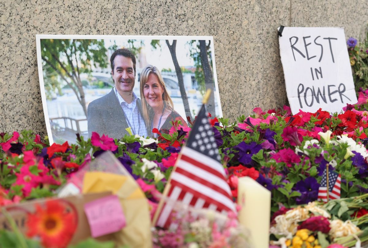 A makeshift memorial for DFL State Rep. Melissa Hortman and her husband Mark Hortman is seen at the Minnesota State Capitol building on June 16, 2025 in St. Paul, Minnesota. (Steven Garcia/Getty Images)