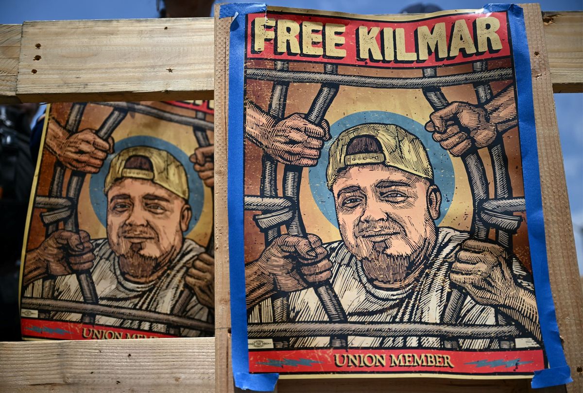 Protestors call for the release of Maryland resident Kilmar Abrego Garcia outside the Metropolitan Detention Center of the Federal Bureau of Prisons in Los Angeles, California, on May 1, 2025. (PATRICK T. FALLON/AFP via Getty Images)