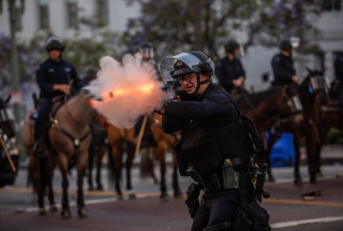 Los Angeles Police Department (LAPD) officers shoot rubber bullets at protesters in front of the City Hall on June 08, 2025 in Los Angeles, California. (Apu Gomes/Getty Images)