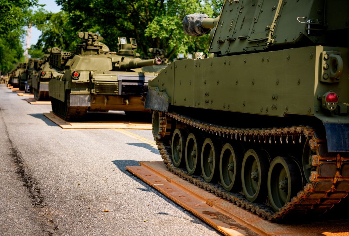 U.S. Army soldiers work on an assortment of M1 Alpha a3 Abrams tanks, stryker armored vehicles, and M2 Bradley fighting vehicles at West Potomac Park along the Potomac River on June 11, 2025 in Washington, DC. (Andrew Harnik/Getty Images)