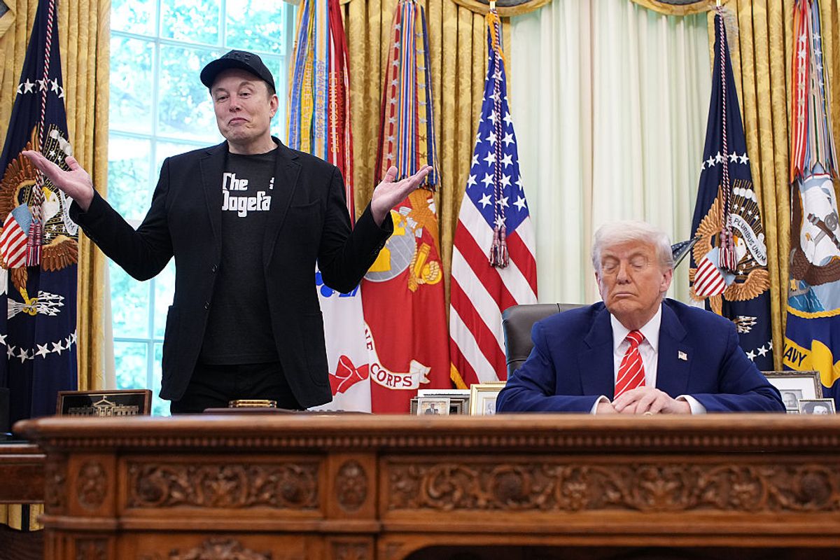 Elon Musk and President Donald Trump in a press conference just days before their online fallout. (Kevin Dietsch / Getty Images)