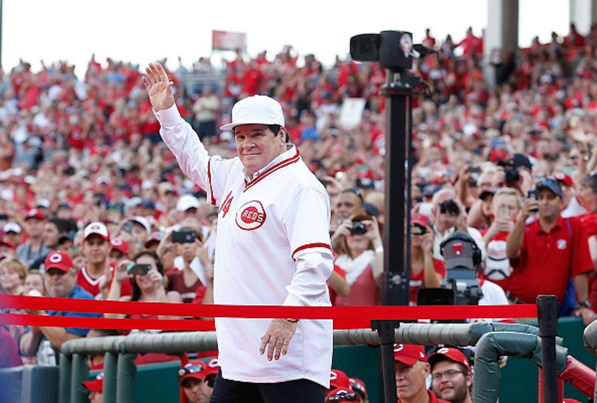 Pete Rose is introduced to the crowd as the 1976 World Series Championship team was honored prior to the start of the game between the Cincinnati Reds and the San Diego Padres at Great American Ball Park on June 24, 2016 in Cincinnati, Ohio.  (Kirk Irwin/Getty Images)