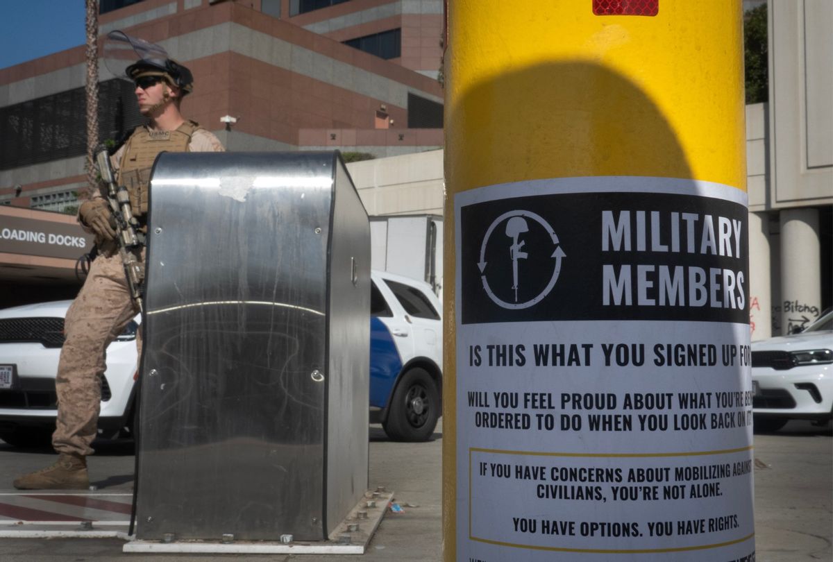 A U.S. Marine stands guard outside of the federal building complex in downtown on June 17, 2025 in Los Angeles, California. (Scott Olson/Getty Images)