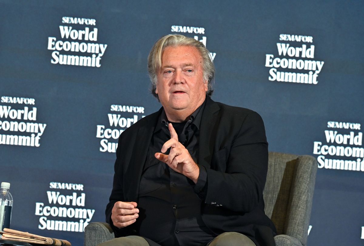 Steve Bannon speaks on stage during The Semafor 2025 World Economy Summit on April 23, 2025 in Washington, DC. (Shannon Finney/Getty Images for Semafor)