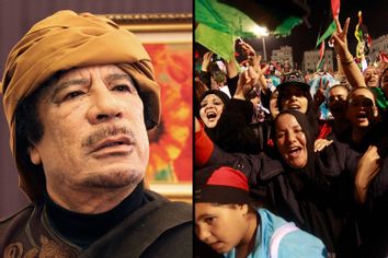 Left: Muammar Gaddafi. Right: Libyans celebrate his death.