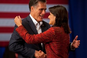 U.S. Republican presidential candidate and former Massachusetts Governor Romney greets South Carolina Governor Haley during a rally in Greenville