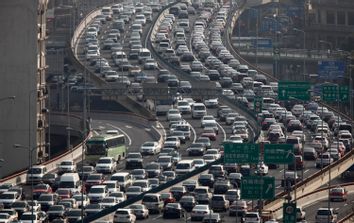 A general view of heavy traffic on a highway during the morning rush hours in Shanghai