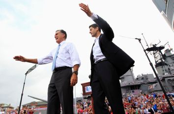 Republican U.S. presidential candidate Romney introduces U.S. Congressman Ryan as his vice-presidential running mate during a campaign event at the retired battleship USS Wisconsin in Norfolk