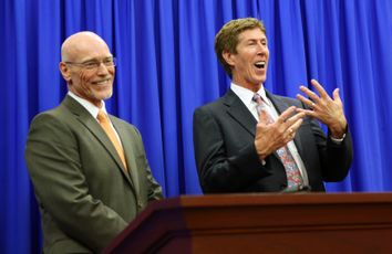 Defense attorneys Don West and Mark O'Mara address the media following George Zimmerman's not guilty verdict in the 2012 shooting death of Trayvon Martin at the Seminole County Criminal Justice Center in Sanford Florida