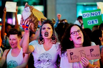 Women protest against Republican presidential nominee Donald Trump and the GOP in front of Trump Tower in Manhattan
