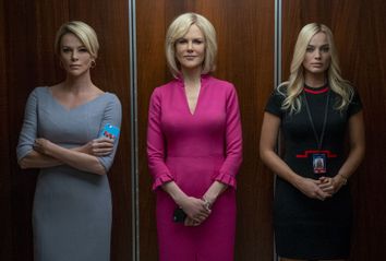 Charlize Theron as Megyn Kelly, Nicole Kidman as Gretchen Carlson, and Margot Robbie as Kayla Pospisil in 