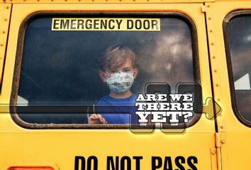 Little Sad Boy Kid Student In Protective Face Mask Looking Out Of School Yellow Bus Window