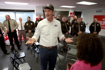 Republican gubernatorial candidate Glenn Youngkin (R-VA) answers a reporter's question after speaking with law enforcement officers supporting his candidacy during a breakfast marking Police Week October 14, 2021 in Vienna, Virginia.