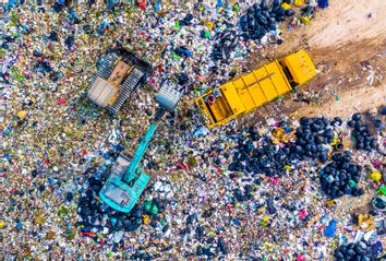 Garbage trucks unload garbage to a landfill