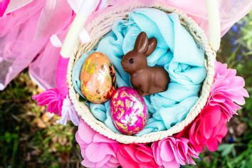 Easter eggs and bunny in basket