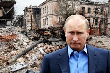 Vladimir Putin; A destroyed tank lies in rubble, in central Mariupol