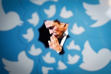 New Twitter owner Elon Musk is seen surrounded by Twitter logos