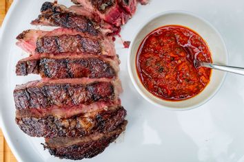 Red chimichurri and steak