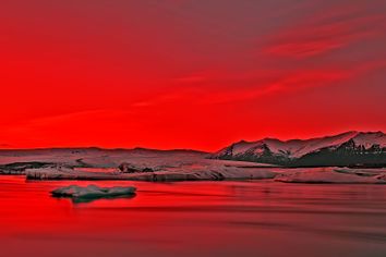 Vibrant Red Sunset Over Icebergs in Jokulsarlon Glacier Lagoon, Ice
